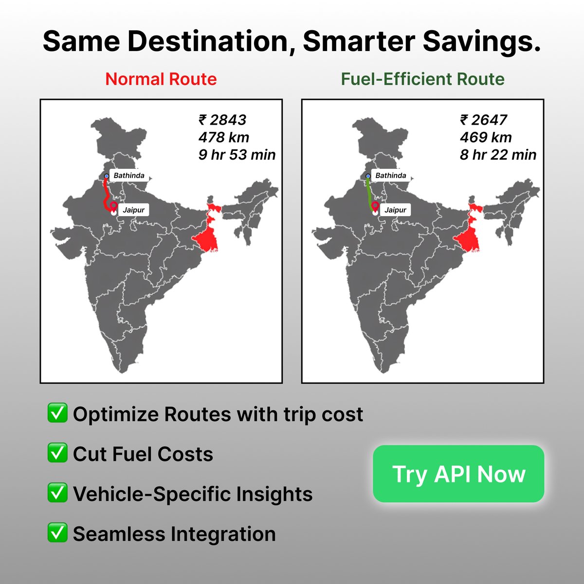 Fuelabc's tweet image. Same destination. Smarter savings.   Cut fuel costs and improve trips with our Fuel-Efficient Route API.   Try it now at api.ssrinnovationlab.com    #FuelAPI #SmartRouting #SSRInnovationLab