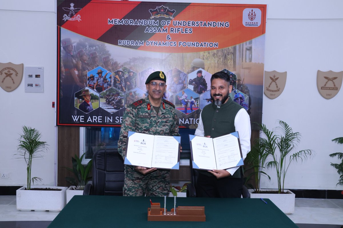 official_dgar's tweet image. ASSAM RIFLES SIGNS MoU WITH RUDRAM DYNAMICS FOUNDATION TO PROMOTE ACADEMIC AND PROFESSIONAL EXCELLENCE
#AssamRifles has entered into a Memorandum of Understanding (MoU) with Rudram Dynamics Foundation (RDF), a not-for-profit organization, to jointly undertake initiatives in the…