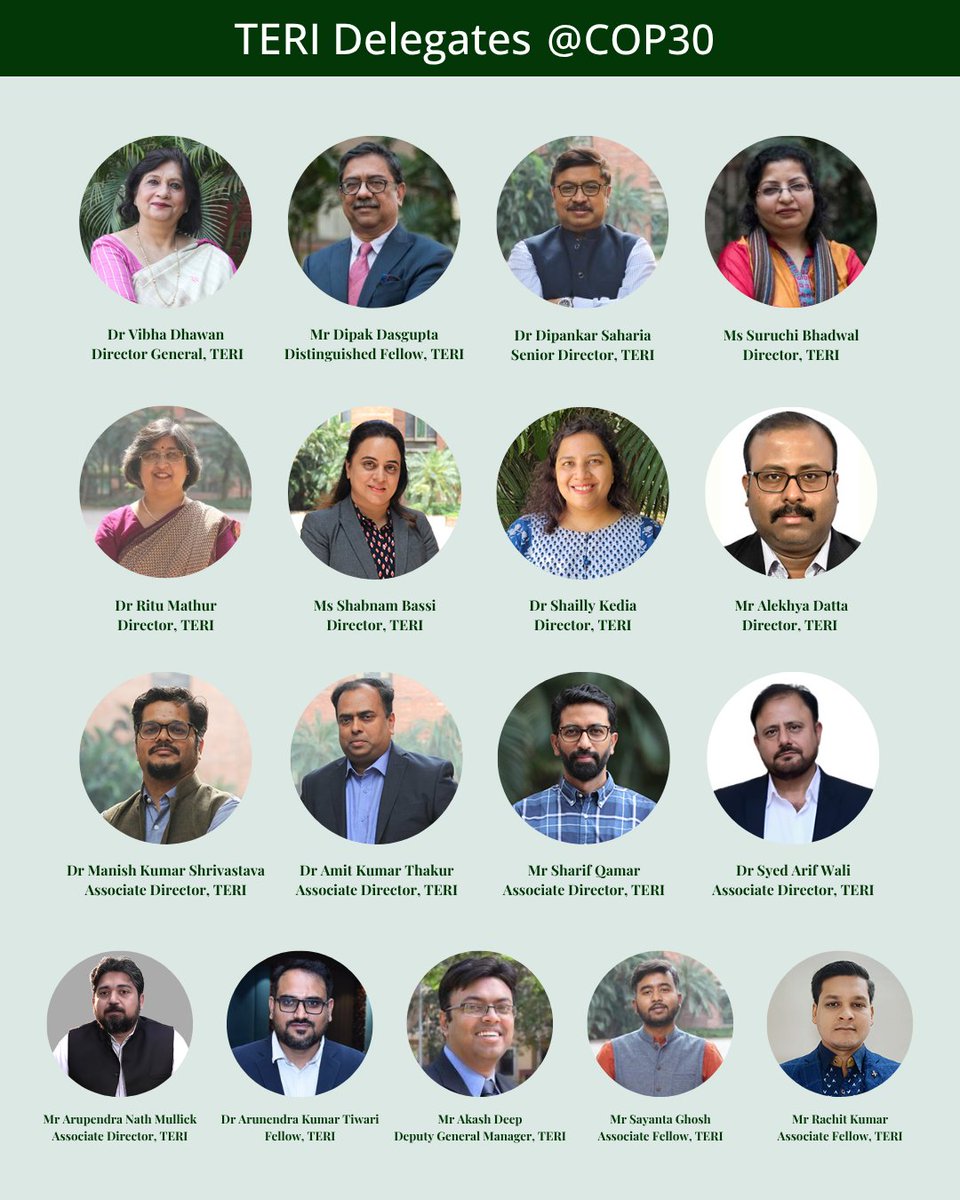 teriin's tweet photo. 🌍 TERI@COP30 #MEETTHEDELEGATES
We are thrilled to announce that TERI will be sending a dedicated delegation to the 2025 United Nations Climate Change Conference (COP30) in Belém, Brazil.
Under the esteemed leadership of Dr Vibha Dhawan, Director General, our team of experts is geared up to contribute TERI’s decades of research and insights across critical climate action themes. We are committed to fostering meaningful dialogue, sharing evidence-based policy recommendations, and working collaboratively with global stakeholders to raise climate ambition and drive tangible outcomes.
Visit TERI's COP30 page 👉 https://t.co/J55bUlJcA9
Stay tuned for updates, insights, and key takeaways directly from Belém!
@Cop30noBrasil | @ddasguptandelhi | @sahariadipankar | @SuruchiBhadwal | @shabnambassi | @shaillykedia | @Alekhya_Datta | @manishipta | @sharifqamar | @arun_tiwari_ |
#COP30 #COP30Belem #COP30Amazonia #COP30Brazil #ClimateAction #Sustainability #ClimateChange #UNFCCC