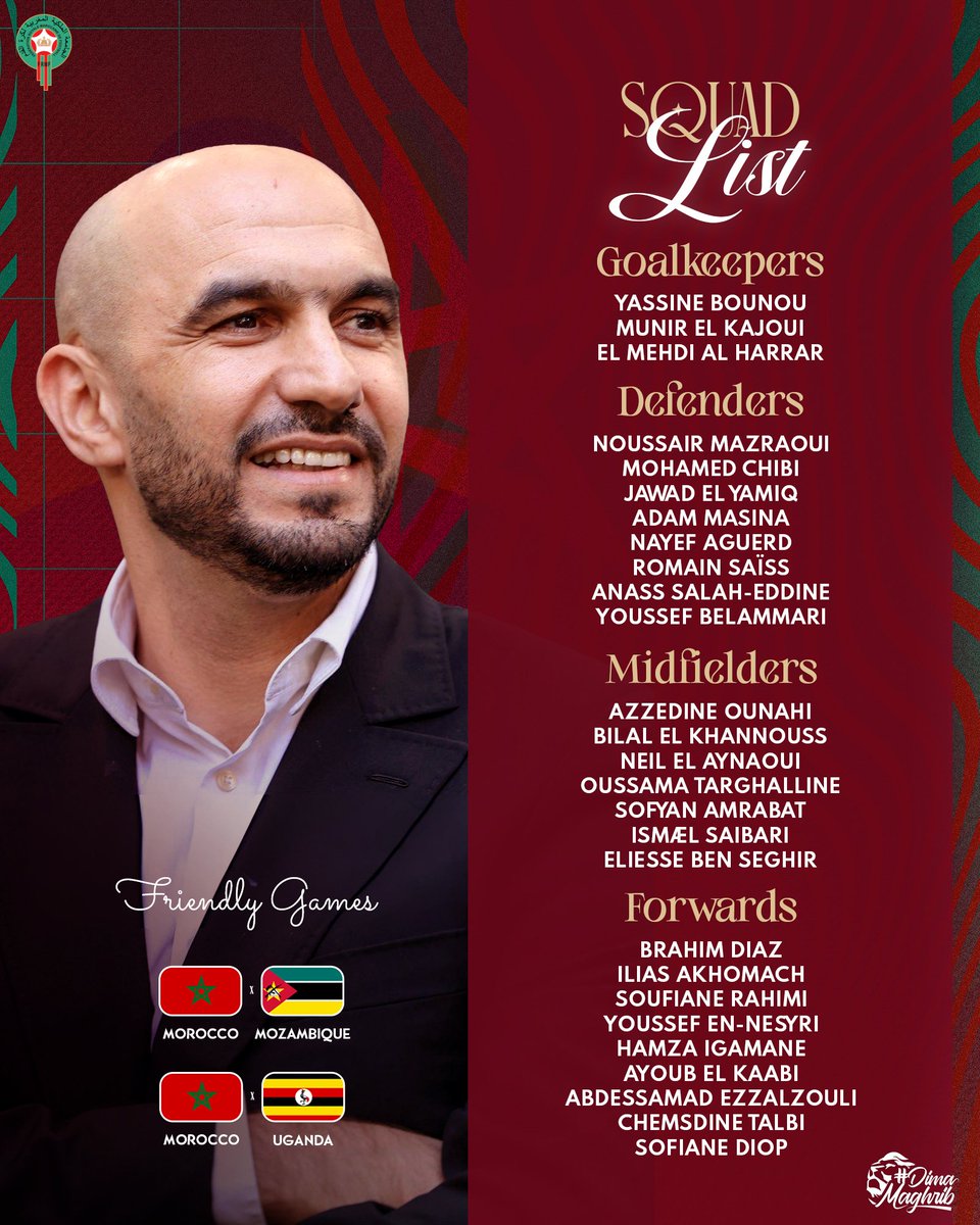 🚨🇲🇦: Morocco squad that will face the Uganda Cranes.