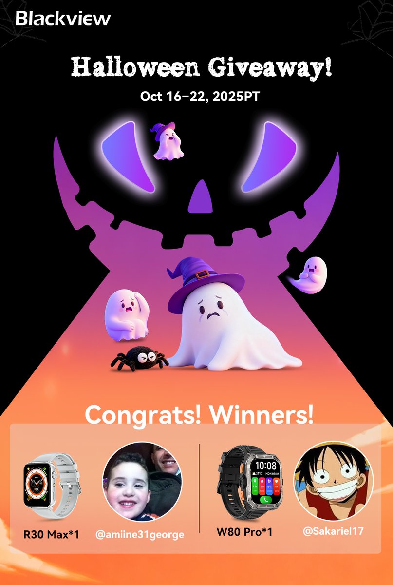 BlackviewPhone's tweet photo. 🎃 Luck is still in the air!
Big cheers to our #Blackview #HalloweenGiveaway winners! 👻

🧡 Congrats!
🏆 R30 Max — @amiine31george
🏆 W80 Pro — @Sakariel17

6 more lucky spots still up for grabs! 👻
Stay tuned for the next spooky surprise! 🕷️

#Blackview #Halloween #W80Pro #R30Max #Giveaway