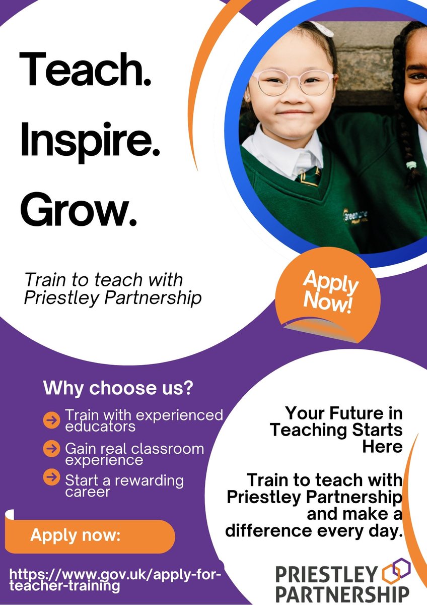 Your Future in Teaching Starts Here.

#Traintoteach with <a href="/PAT_Partnership/">Priestley_Partnership</a> and make a difference every day.

Applications now open — start your journey today.
#TrainToTeach #SCITT #TeacherTraining #InspireToTeach #Education #FridayMotivation <a href="/PriestleyTrust/">The Priestley Academy Trust</a>