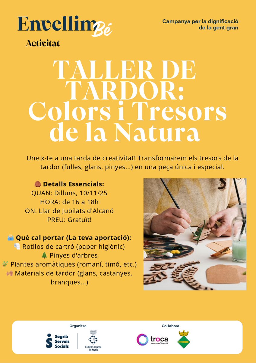 🍂 Taller de Manualitats de Tardor! 🍁

La tardor arriba carregada de colors, fulles i creativitat! 🎨
Vine a passar una estona divertida al taller de manualitats de tardor.