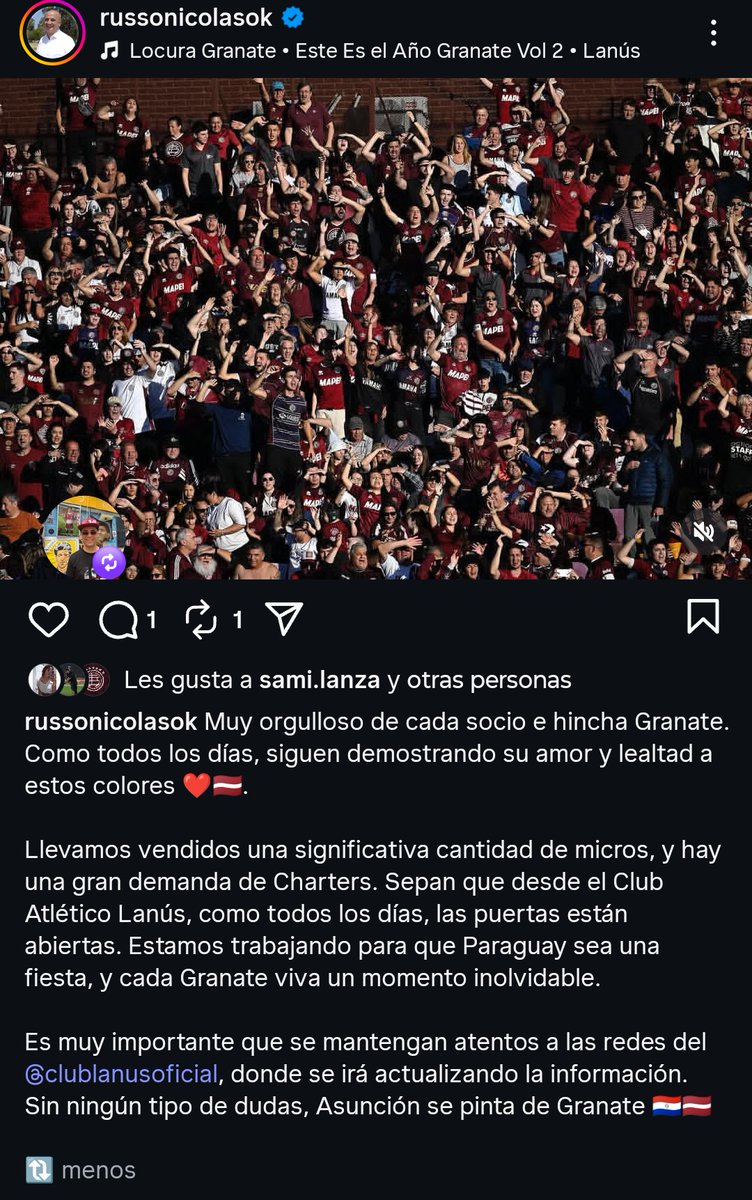 TREMENDA RESPUESTA

El Presidente de <a href="/clublanus/">Club Lanús</a> manifestó a través de sus redes sociales el agradecimiento a los hinchas granates que viajarán a Asunción para la final de la Copa Sudamericana ante Atlético Mineiro.

#HayFutbolpy