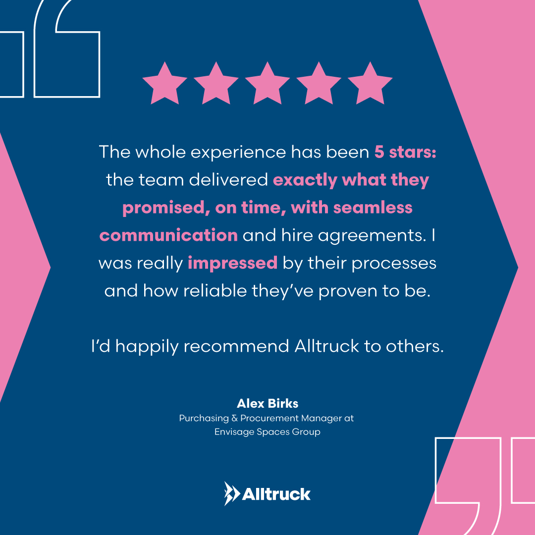 A 5-star finish to the week, thanks to Alex Birks at Envisage Spaces Group.💬

Seamless comms, reliable delivery, and trust-built service - that’s the Alltruck way.

#FridayFeeling #FleetManagement #CustomerSuccess #Alltruck