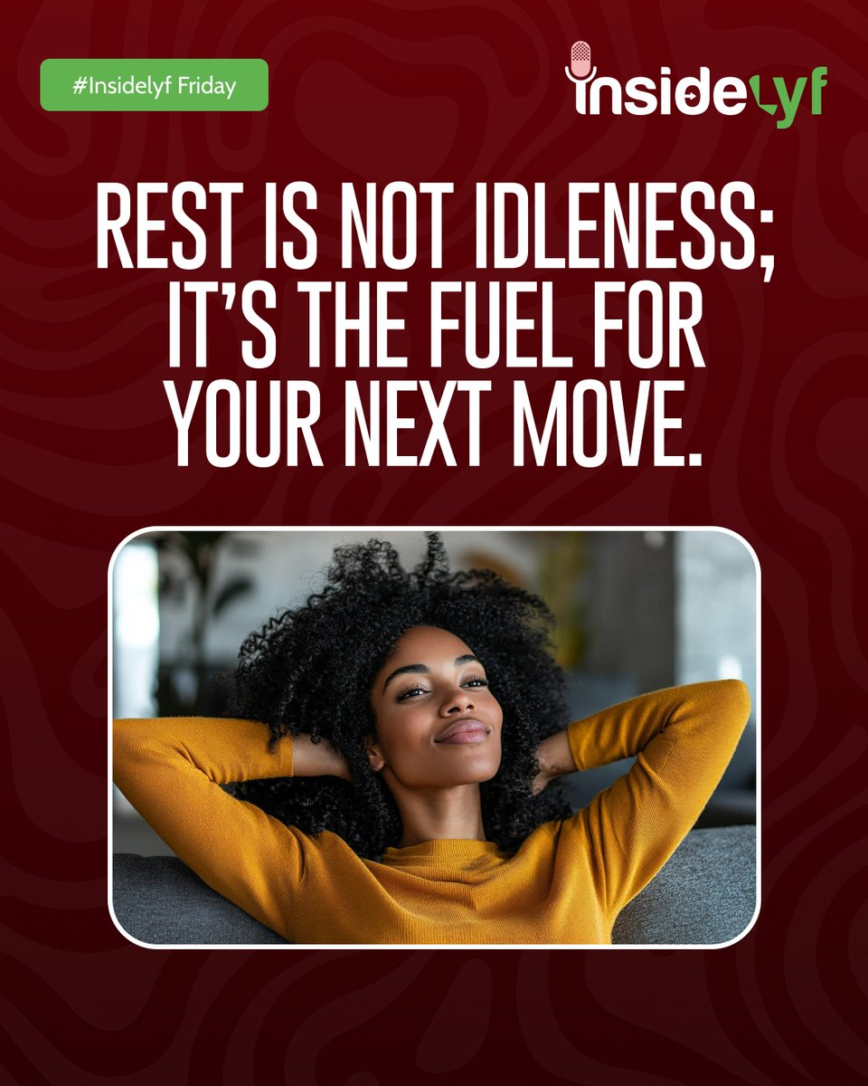 realinsidelyf's tweet image. 😌 Rest isn’t a sign of slowing down, it’s a strategy for your next big move.

Take that pause, recharge and come back stronger. 💪🏽

#InsideLyfFriday #RestAndRecharge #WorkLifeBalance #SelfCare #MindfulLiving