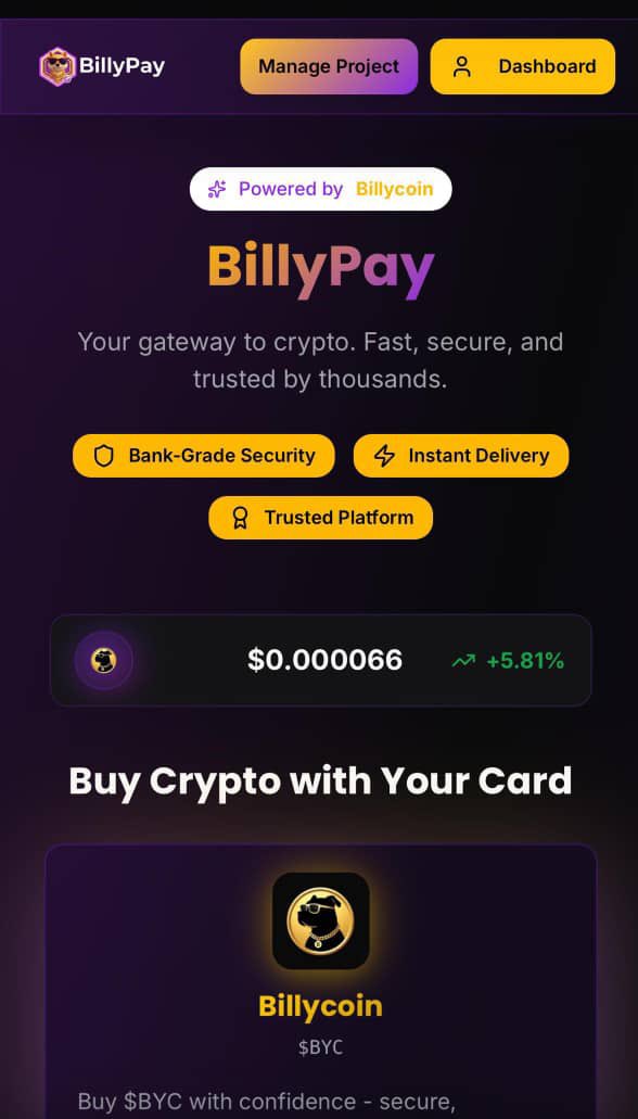 Billypayone's tweet photo. 🔥 BillyPay is almost live!
Your all-in-one gateway to crypto & gift cards 💳
Buy crypto, send to a friend, or gift crypto cards all with ease ⚡
Fast ⚡ | Secure 🔒 | Trusted 🌍
Seamless bank card payments 💳
Powered by @BnbBillycoin 💜 https://t.co/yoMHfOxFv6
