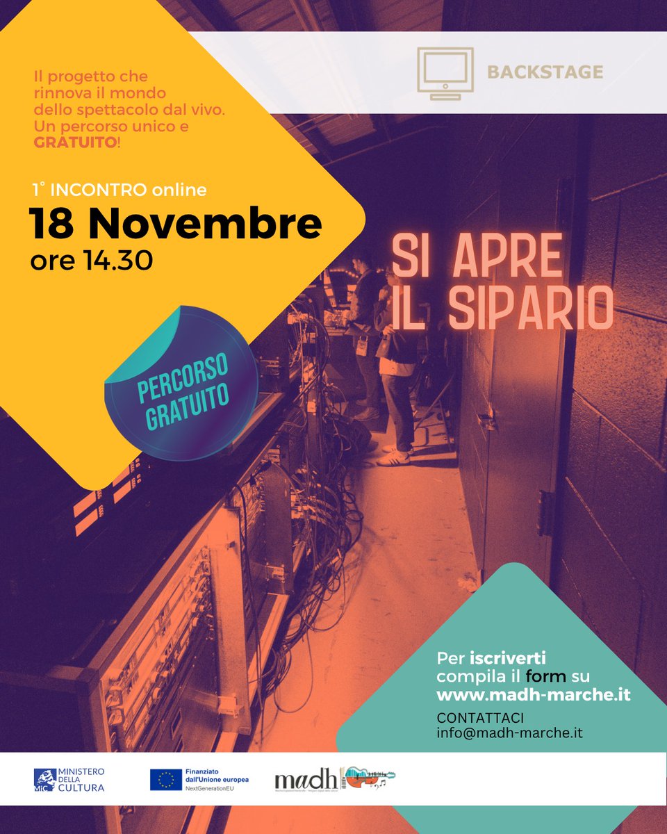 Non perdetevi #BACKSTAGE! 🎭
Il nuovo percorso dedicato al teatro e all’innovazione digitale nato all'interno di #MADH Marche Digital and Handcrafts.

📌1° incontro il 18 novembre dalle 14.30.
Iscriviti➡️docs.google.com/.../1FAIpQLSc8…