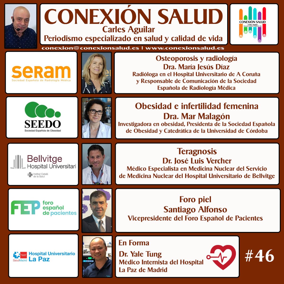 Episodio #46 - CONEXIÓN SALUD

👉👉 youtu.be/fVWRzX0-aQs 👈👈

<a href="/SERAM_RX/">SERAM - Sociedad Española de Radiología Médica</a>
<a href="/Perbess/">Dra. María Jesús Díaz Candamio⚡</a>
<a href="/SociedadSeedo/">SEEDO</a>
<a href="/VercherConejero/">Jose L Vercher-Conejero</a>
<a href="/hbellvitge/">Hospital Universitari Bellvitge | HUB</a>
<a href="/fep_pacientes/">Foro Español de Pacientes</a>
<a href="/yaletung/">Yale Tung-Chen</a> 

#ConexiónSalud
#PeriodismoSalud
#Salud
#Medicina
#CarlesAguilar

conexionsalud.es