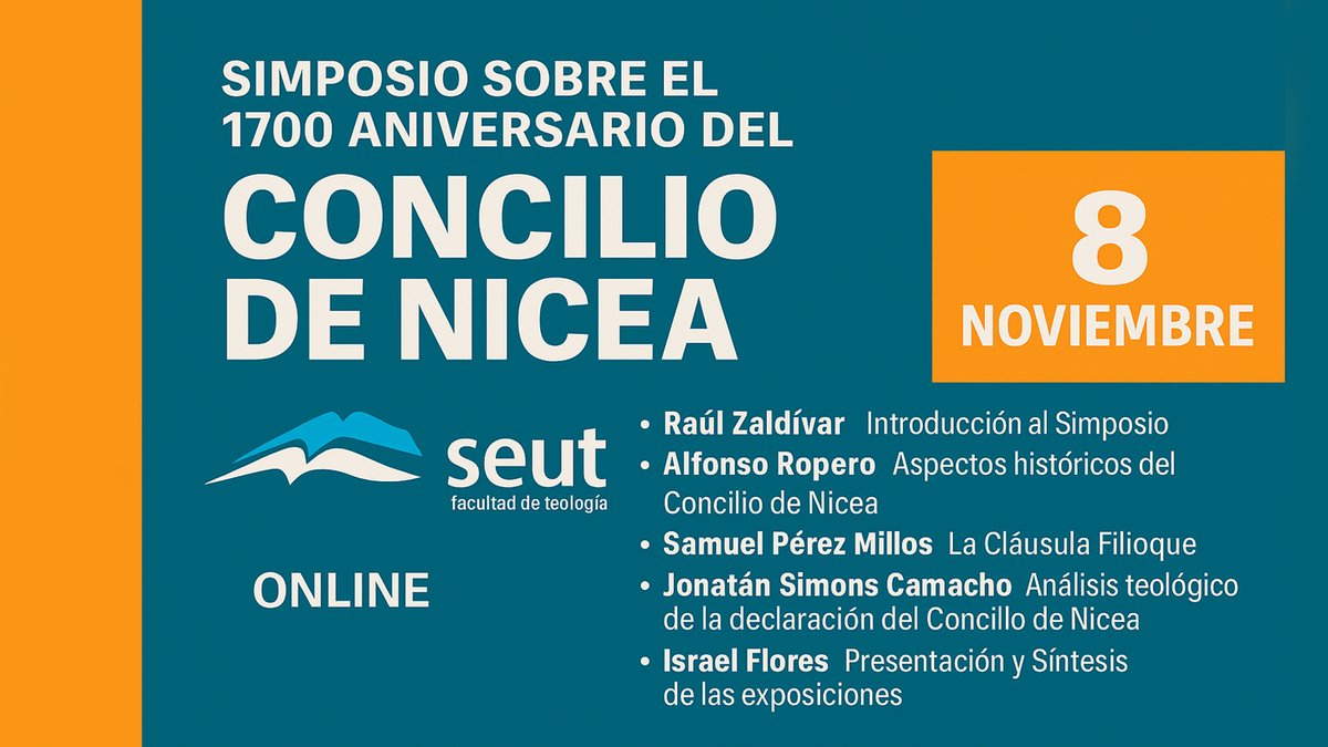 Os invitamos a asistir Simposio sobre el 1700 aniversario del Concilio de Nicea. El decano de nuestra facultad SEUT, Israel Flores, será uno de los participantes de un evento tan importante a nivel internacional en el ámbito teológico.
facultadseut.org/es/1700-aniver…
