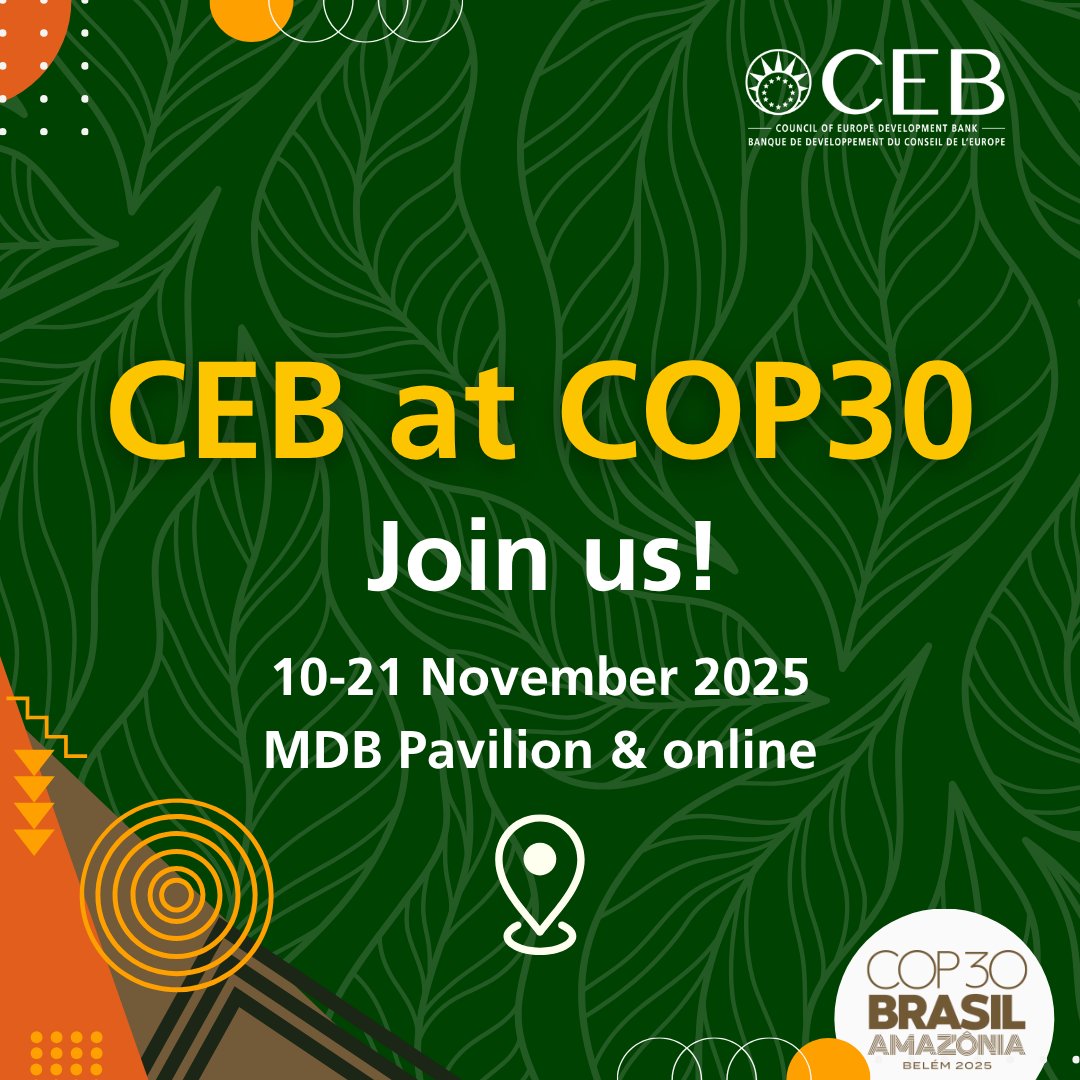 🌍At #COP30 CEB joins global partners to reaffirm that #ClimateAction and #SocialJustice must advance together.

Find us in the joint #MDB Pavilion &amp; check out our events 👉tinyurl.com/mwttuds3