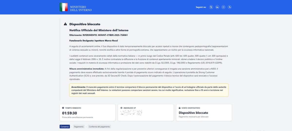 GenThreatLabs's tweet photo. 🚨#ScamAlert: That "official" notification from the Ministry claiming your device is locked for accessing illegal content? It's a #scam demanding hundreds of € and stealing your credit card details. Tens of thousands users affected last week mostly in 🇬🇧🇮🇹🇷🇴🇸🇰🇬🇷 Share and warn others! #Cybersecurity #StaySafe 

IoCs:
corazstop[.]cyou
ecmypasscode[.]icu
ecpremiasslp[.]site
gbmypasscode[.]icu
gbpremiasslp[.]site
gbsaks[.]cyou
gbservstp[.]cyou
gbsiteslocks[.]cyou
grmypasscode[.]icu
itmypasscode[.]icu
itpremiasslp[.]site
itsaks[.]cyou
itsiteslocks[.]cyou
phmypasscode[.]icu
phpremiasslp[.]site
romypasscode[.]icu
ropremiasslp[.]site
rosaks[.]cyou
rositeslocks[.]cyou
skmypasscode[.]icu
slmypasscode[.]icu

Exfil via sockets: admadprpr[.]top
