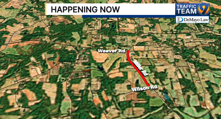 TrafficTeam9's tweet photo. ALERT: Miller Rd. is CLOSED between Weaver Rd. and Wilson Rd. north of Hwy 152 in #ChinaGrove after a car took down a utility pole + lines. There are nearly 200 outages with a 9:30 AM restoration time #RowanCo https://t.co/7V1OXoVAgZ