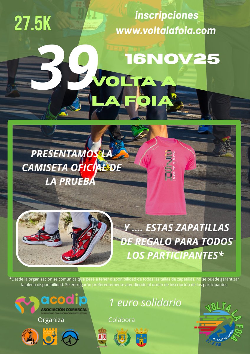 #IbiDeportes]🏃‍♀️🚶 ¡Últimos días para inscribirte en la 39ª edición de la Volta a la Foia!

⏰Plazo hasta el 11/11/25
📝Inscripciones: voltalafoia.com
📅Domingo 16/11/2025  
📍 Ibi–Castalla–Onil–Ibi
❤️1 € de cada inscripción se destinará al Centro Ocupacional San Pascual.