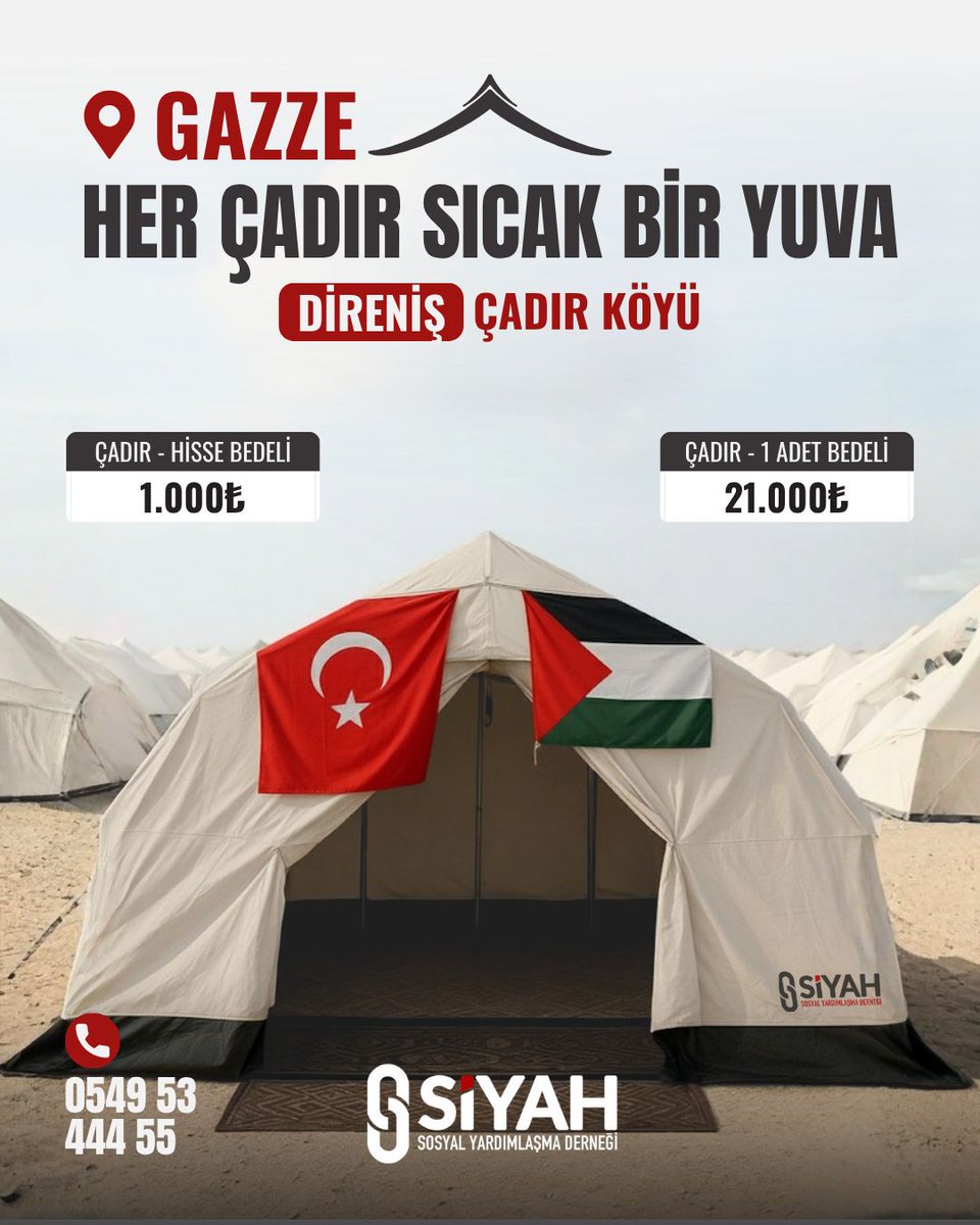 * Gazzeli Kardeşlerimiz İçin 

“Direniş Çadır Köyü”

🇹🇷Başlatıyoruz*🇵🇸

Gazze’de yaşanan zor günlerde, kardeşlerimizin yanında olmaya devam ediyoruz. 
Katkı Seçenekleri:
•🏕 Bir Çadır Bedeli: 21.000 TL
•🤝 Hisse Katkısı: 1.000 TL

*İletişim: 0549 53 444 55*
<a href="/Siyahareketii/">SİYAHAREKETİ DERNEĞİ🇹🇷</a>