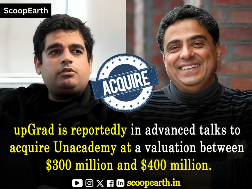 Scoopearth1's tweet image. 🚨 Edtech shake-up! @upGrad_edu in talks to acquire @unacademy at a 💸 $300–400M valuation — down from its $3.4B peak! 📚🔥 #EdTech #upGrad #Unacademy #Startups #Mergers #Education #IndiaTech #IndiaEconomy #viralpost #scoopearth #scoopearth.in #scoopearthmagazine