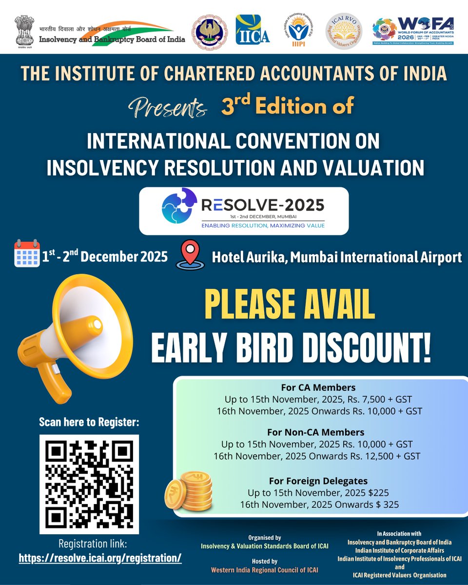 cibcicai's tweet photo. 🚀 Early Bird Extended till 15 Nov 2025!

Join ICAI’s RESOLVE 2025 –  3rd International Convention on Insolvency Resolution &amp; Valuation.

📅 01–02 Dec | 📍 Hotel Aurika, Mumbai

🎟️ Limited seats! Register now 👉 https://t.co/IcYqcOh9aS

#RESOLVE2025 #ICAI https://t.co/xplDuimAvT