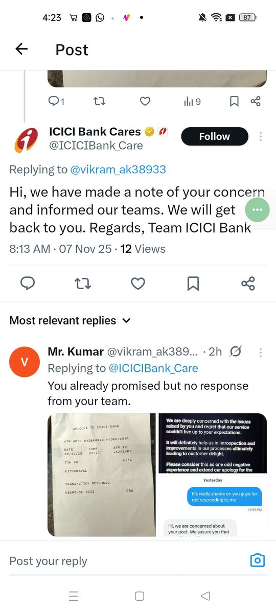vikram_ak38933's tweet photo. @ICICIBank_Care #boycotticici dear brokers are u running brothel house or corporate bank. Without confirmation from customer closing ticket no body responding on it. SR1080942164 https://t.co/ZRzJ6uOBiw