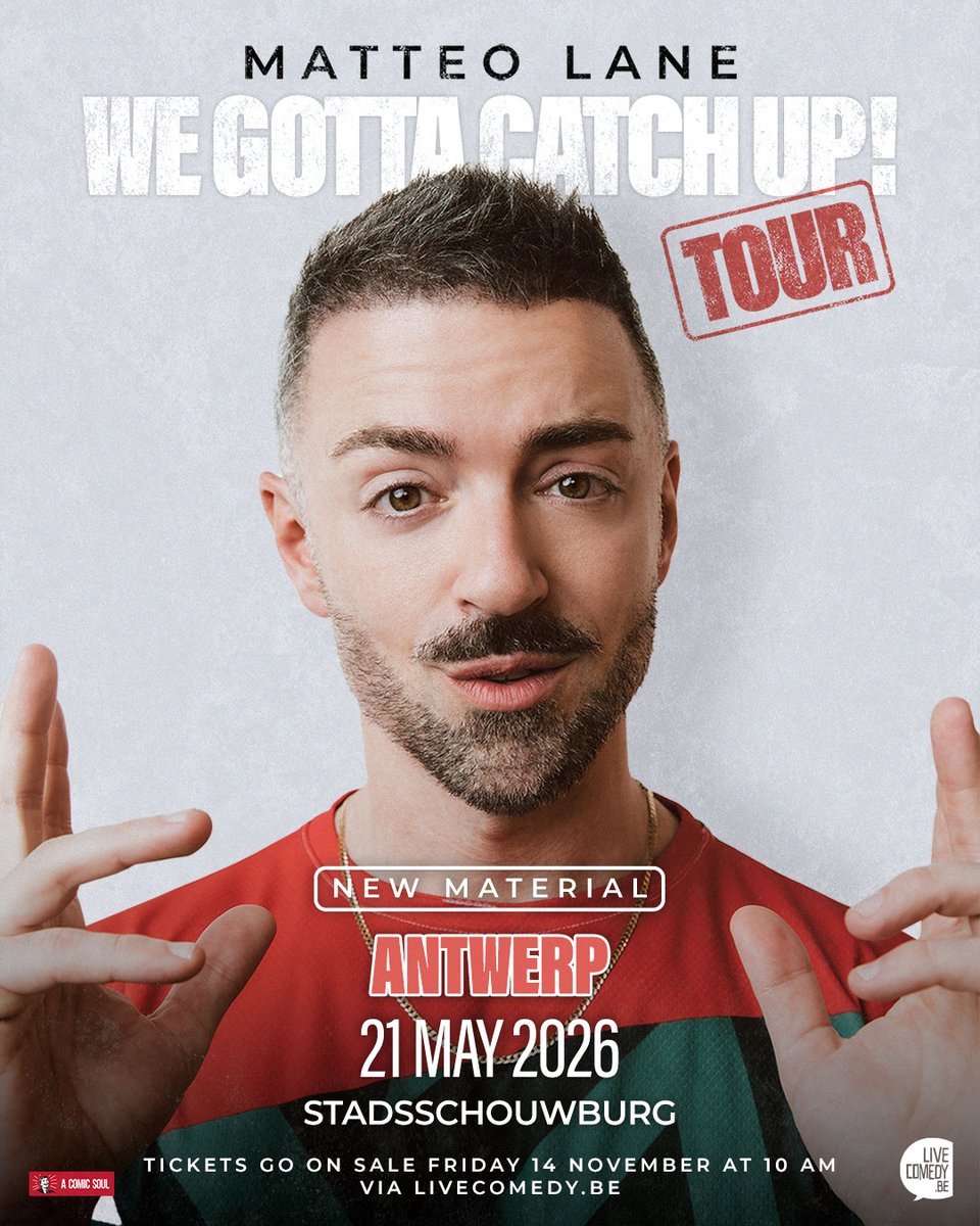 LiveComedybe's tweet image. American comedian Matteo Lane is coming to Belgium! Catch his brand-new show 'We Gotta Catch Up' at Stadsschouwburg Antwerpen on 21 May 2026.
🎟 Tickets go on sale Friday 14 November at 10 AM via  LiveComedy.be/matteolane
