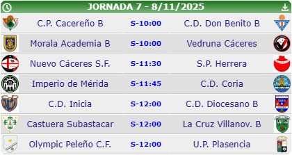 ⚽ #1aExtremeñaCadete gr. 1. 📋 7a jornada de liga.
🗓️ Sábado 8 noviembre.
📌 ⏱️ 11:45 h.
<a href="/ImperioCp/">IMPERIO DE MERIDA CP</a> 🆚
 <a href="/CanteraCDCoria/">Escuela de Fútbol Base CD Coria</a>