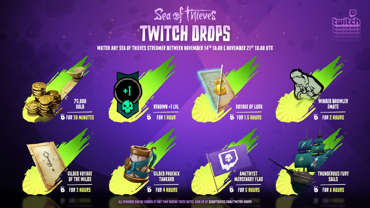 One week from today a new batch of Twitch Drops will be available, including a familiar-looking flag! Tune in to any participating Sea of Thieves stream to earn everything on the image below over six hours, from November 14th-21st (10am UTC).