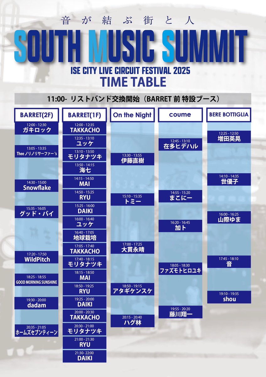 【次回のわたしたち】

SOUTH MUSIC SUMMIT 2025

2025.11.16(日)
伊勢市高柳商店街近辺4店舗
LIVE SPACE BARRET/BERE BOTTIGLIA/On the night/coume

チケット予約はDMからイケマス🎫