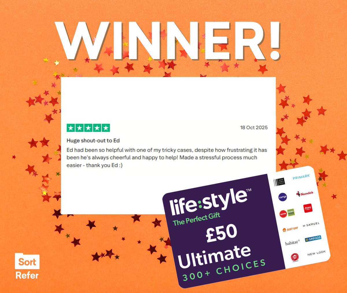 📣Win a £50 voucher!
Simply leave us a review about your experience with the SortRefer support team or about our SortRefer system &amp; include your name.

Trustpilot: orlo.uk/wEHr7 
Google: orlo.uk/oUqUT 

Thank you for your support! 🧡 

#reviews #incentive