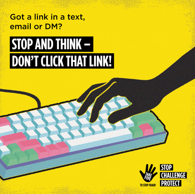NottsCC's tweet photo. ⚠️🔗 Got a link in a text, email or DM? Stop and think – don’t click that link! 🚫

We’re supporting @TakeFive to remind you to visit trusted sites by typing their web address directly into your browser.
    
#TypeDontTap #TakeFive #StopChallengeProtect https://t.co/dKuKixyYh4