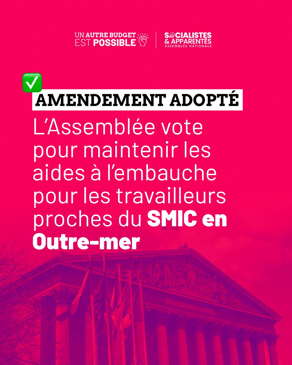 ✅ Amendement socialiste adopté !

L’Assemblée vote pour le maintien des aides à l’embauche pour les travailleurs proches du SMIC en Outre-mer.

Un combat pour l’attractivité et la compétitivité des territoires ultramarins mené par <a href="/ChrisBapt/">Christian Baptiste</a> et les député-es de notre groupe !