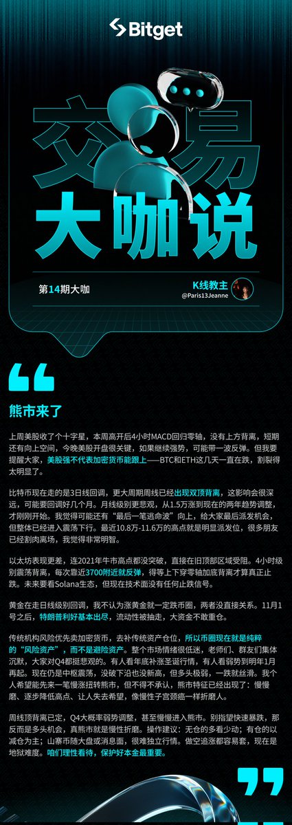 #Bitget    交易观点栏目 ——《交易大咖说》第 14 期来啦！    

🔥本期由合约大神 K线教主  <a href="/Paris13Jeanne/">K线教主</a> 为大家带来分享 —— 熊市已至！那我们该如何在现在的市场环境下生存下来呢？请看教主的观点 ～

💰之后行情你怎么看呢？在评论区写出你的观点，我们将抽取 3 位幸运用户瓜分 60U