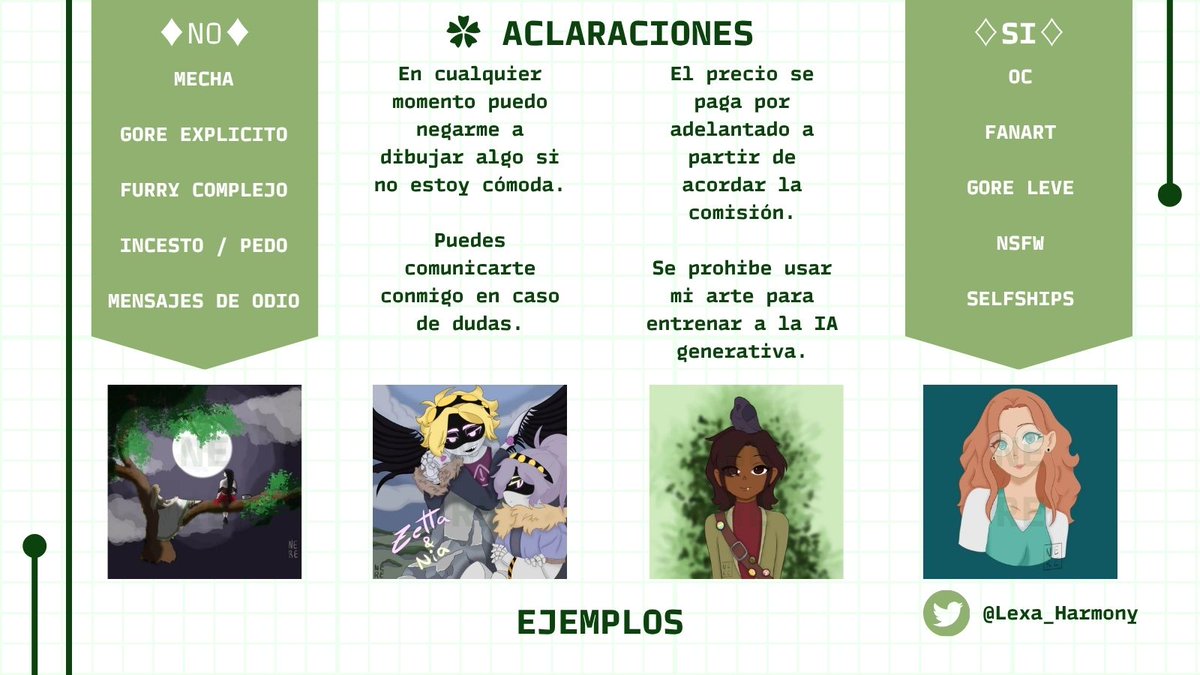 Lexa_Harmony's tweet photo. 🌻HOJA DE COMISIONES🌻

Aquí dejo mi tabla de precios y las aclaraciones. Cualquier duda podéis contactarme por MD tanto por Twitter como por Discord.
En caso de no dar respuesta, por favor contesta este tweet para que yo sepa que enviaste MD

#commissionsopen https://t.co/WDk86gn8je