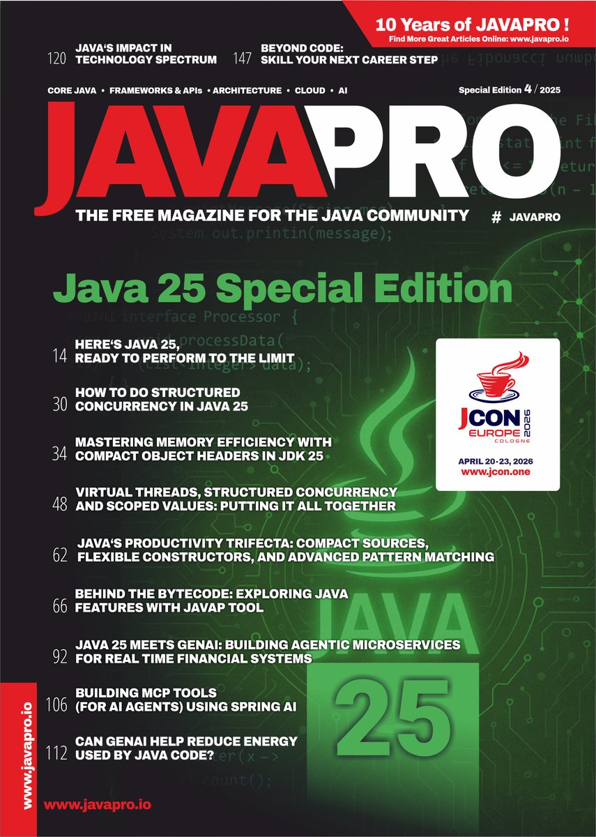 JAVAPROmagazin's tweet image. 🚨 It’s back in print! #JAVAPRO – #Java25 Special Edition has landed. Fresh from the press, express to #voxxeddaysthessaloniki.

Limited run. Packed with deep dives, expert voices &amp;amp; dev milestones.

Available now – exclusively at the conference.

Free PDF: javapro.io/2025/10/28/sta…