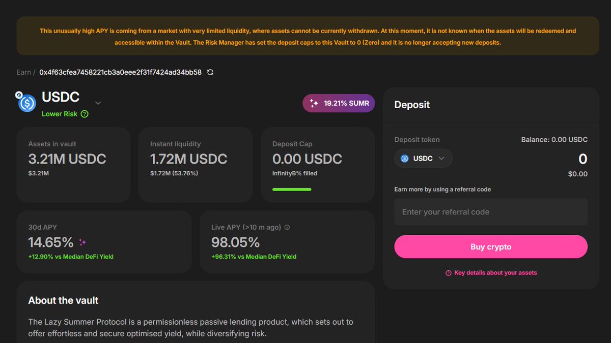 summer.fi/earn/arbitrum/… - Still a chance for people to withdraw from this, it may soon run out of liquidity due to USDC bad debt against susdx in Silo Swap (Position 127)