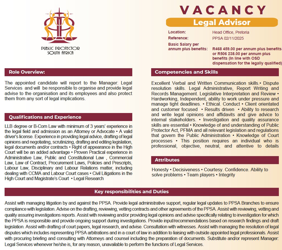 📢 VACANCY ALERT | Legal Advisor
🗂️ View full vacancy details: pprotect.org
🕒 Closing date: 20 November 2025 at 16:30