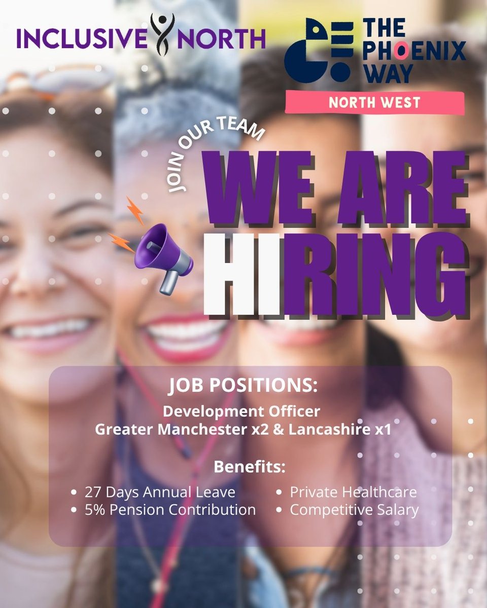 🚨We’re hiring! Join Inclusive North &amp; The Phoenix Way in Greater Manchester or Lancashire | Development Officer (37h) X2 £32,115 | Development Officer (18h) £32,115 pro rata | Apply by 17 Nov 📷inclusivenorth.org.uk/employment-opp… #NowHiring #ThePhoenixWay #Equity #lancashire #InclusiveNorth