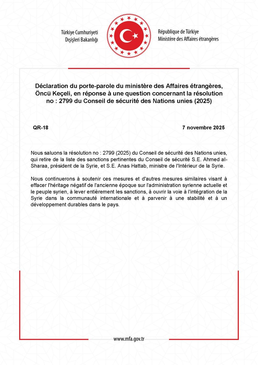 Déclaration du porte-parole du ministère des Affaires étrangères, Öncü Keçeli, en réponse à une question concernant la résolution no : 2799 du Conseil de sécurité des Nations unies (2025) mfa.gov.tr/sc_-18_-disisl…