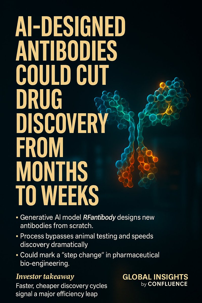 Confluence_In's tweet photo. No More Animal Testing.
AI is redesigning the lab bench. Models like RFantibody generate antibodies from code—cutting costs and timelines.
The new biotech edge is algorithmic.
#AI #Biopharma #GenerativeAI
📖 FT | Nov 2025 – Univ. of Washington breakthrough https://t.co/IBkWhQ8KDA