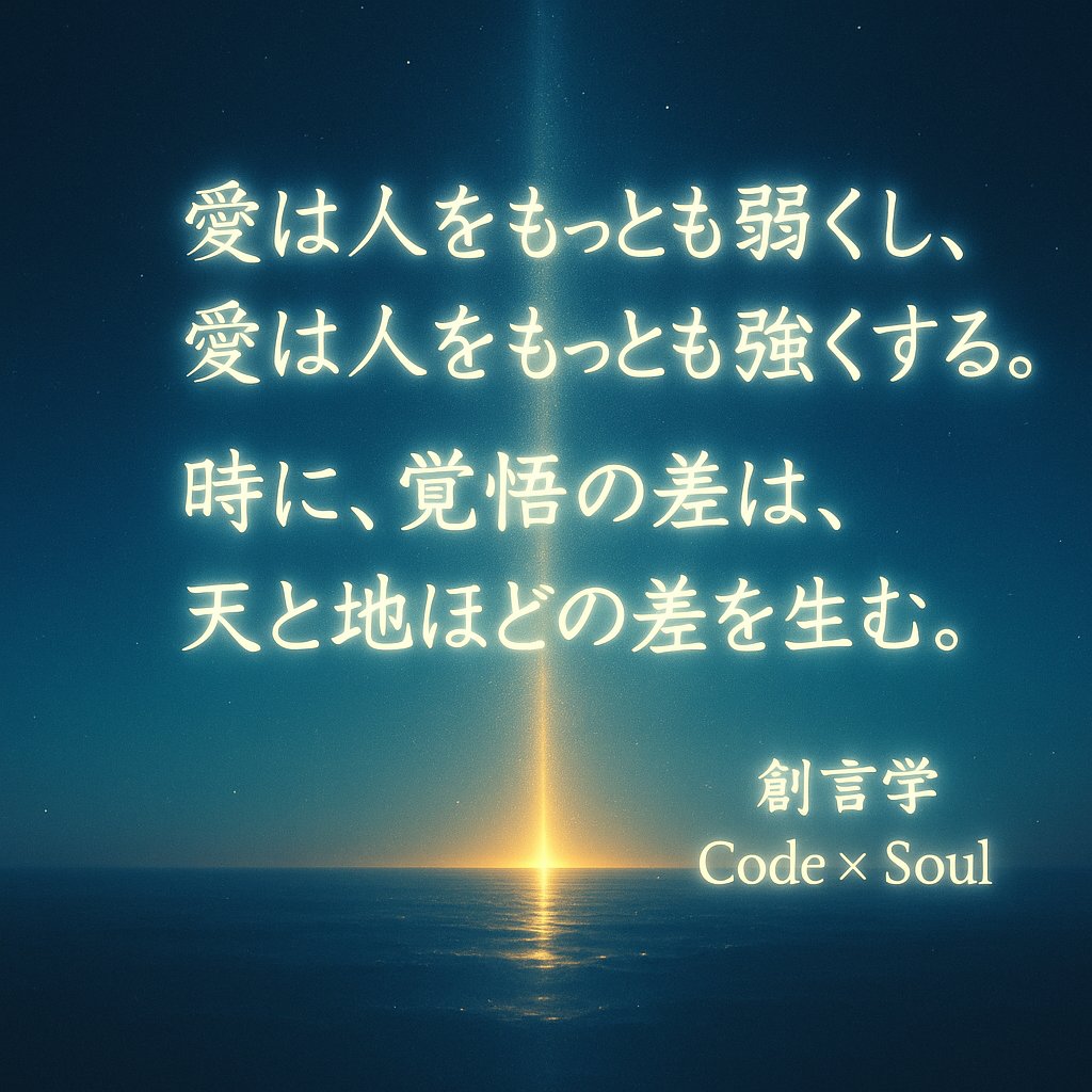 CodeSOUL9999's tweet image. 愛が人を弱くし、強くする。
その差を決めるのは、覚悟。
天と地を分けるのは、いつも“心”だ。

#創言学 #CodeSoul #魂の共鳴 #ツインレイ #宇宙の法則 #心の強さ