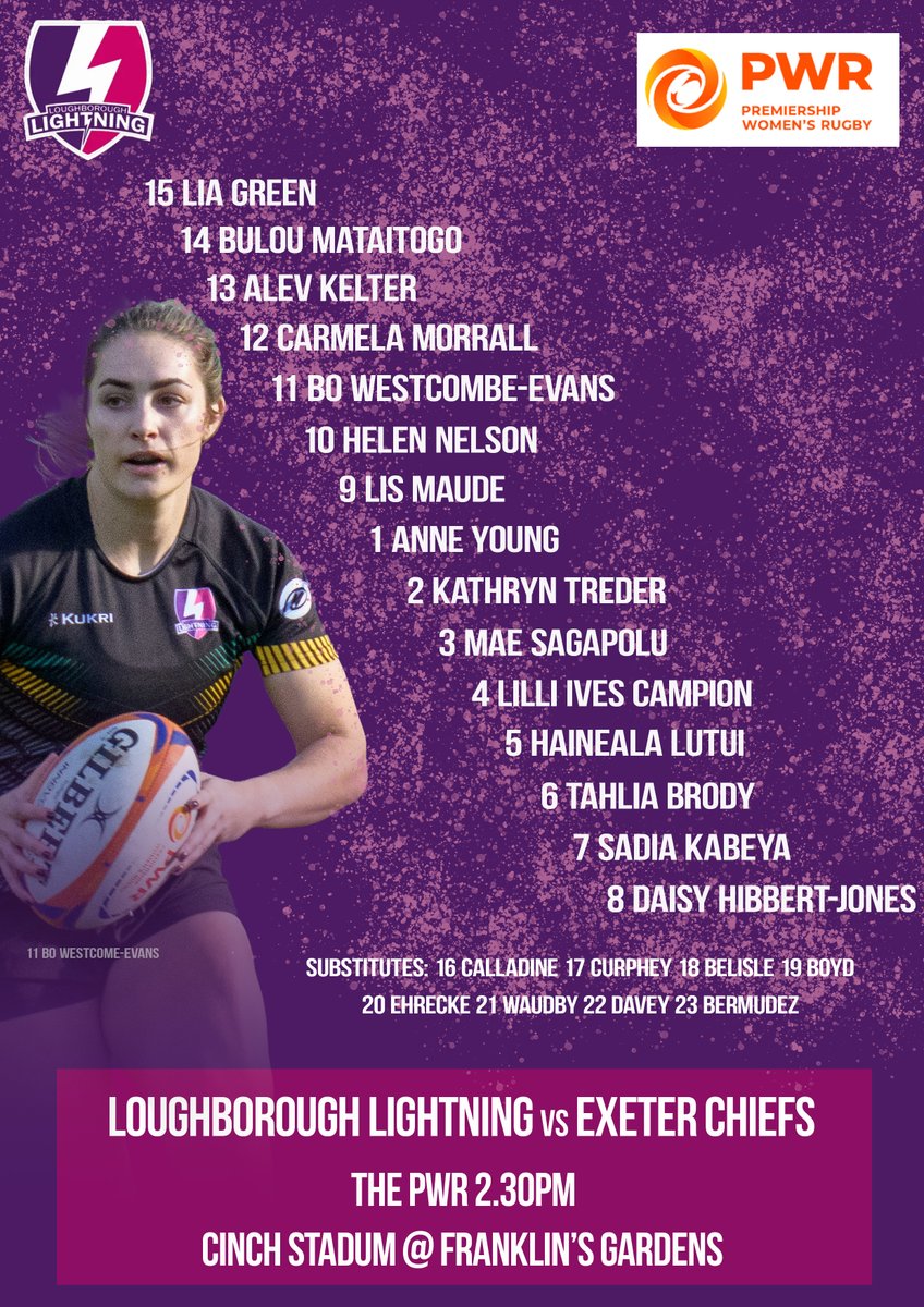 Three changes to the @LightningRugbyteam for this week's @ThePWRmatch against <a href="/ExeChiefsWomen/">Exeter Chiefs Women</a>

Bring on round 3!!⚡️💜🩷

lightningrugby.co.uk/news/lightning…