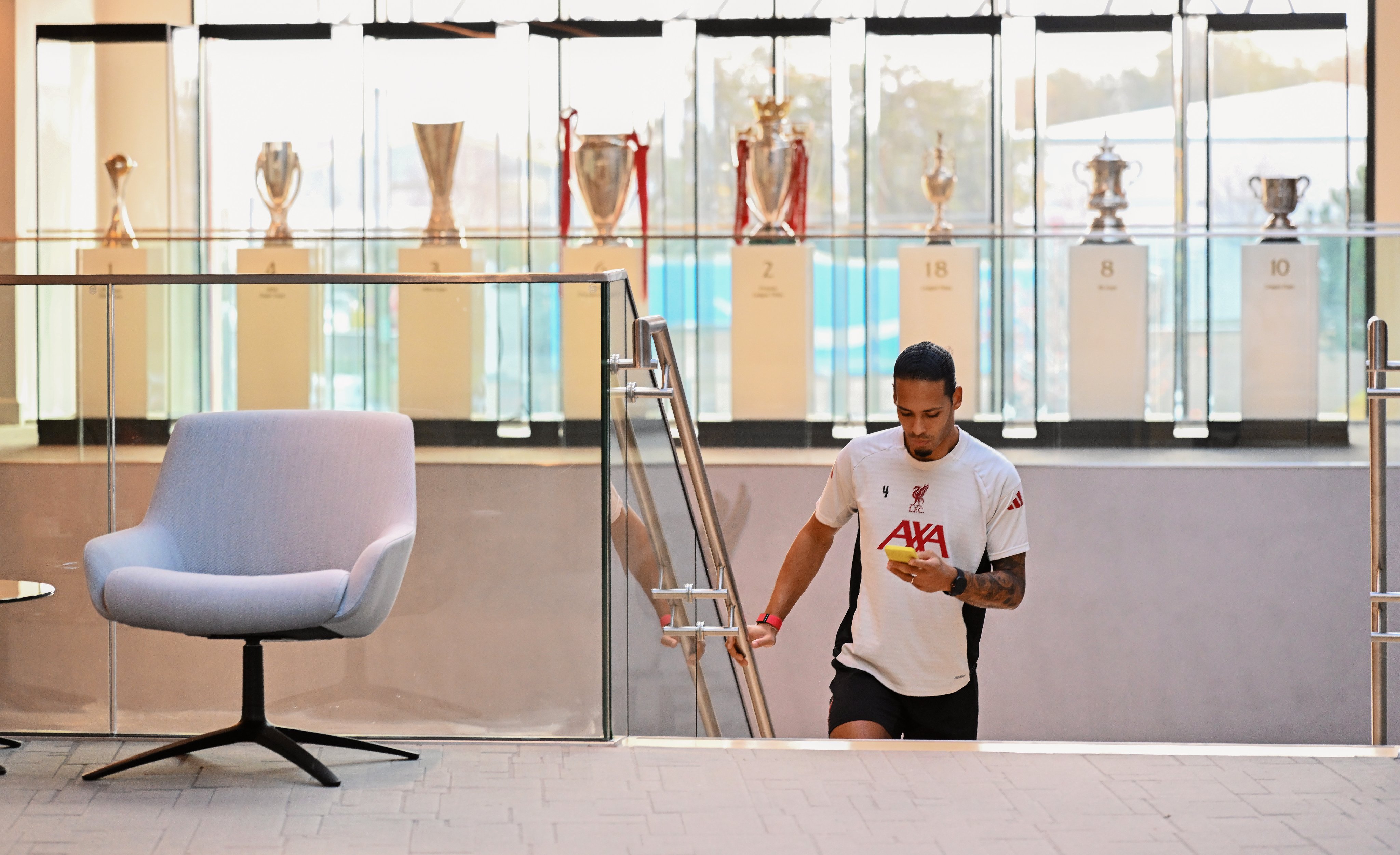 Photography of Virgil van Dijk arriving at the AXA Training Centre.