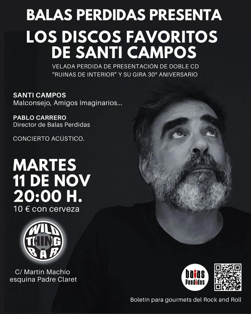 El próximo martes, 11 de noviembre, presentamos el nuevo doble álbum recopilatorio (Ruinas de Interior) y la gira de Santi Campos en una "velada perdida" en el <a href="/WildThingBar/">WILD THING BAR - 34 años de cultura musical</a>. ¡No os lo perdáis!