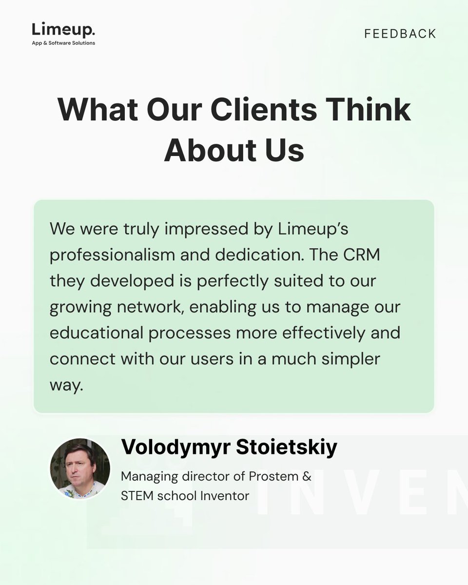 limeup_io's tweet image. Grateful for our client’s trust 🙌

We built a CRM that helps them grow their educational network and connect with users effortlessly.
That’s what tech made with purpose looks like💼

#Limeup #CRMDevelopment #ClientSuccess