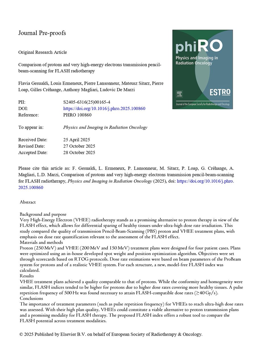 RRobaina75's tweet image. Comparison of protons and very high-energy electrons transmission pencil-beam-scanning for #FLASH radiotherapy.
#aeprot #particletherapy #protontherapy #hadrontherapy #protonterapia #FlashRadiotherapy