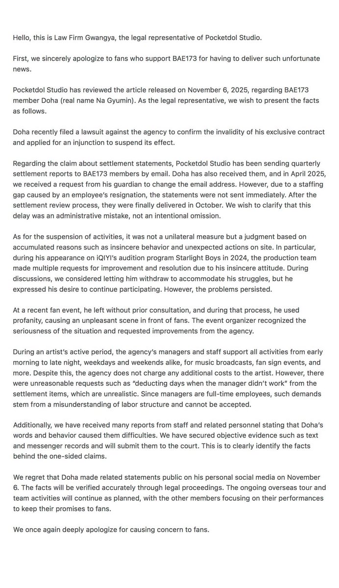 nugupromo's tweet photo. Pocketdol Studio has issued a response to BAE173 member Doha's lawsuit and claims through their legal representative, refuting his allegations and stating that his hiatus was not an unilateral decision but the result of his bad behavior.

They cited instances such as his insincere attitude on Starlight Boys, leaving events without prior notice and using profanity in front of fans, as well as disrespectful behavior toward staff.

🔗 https://t.co/mqoAfSNA5x
