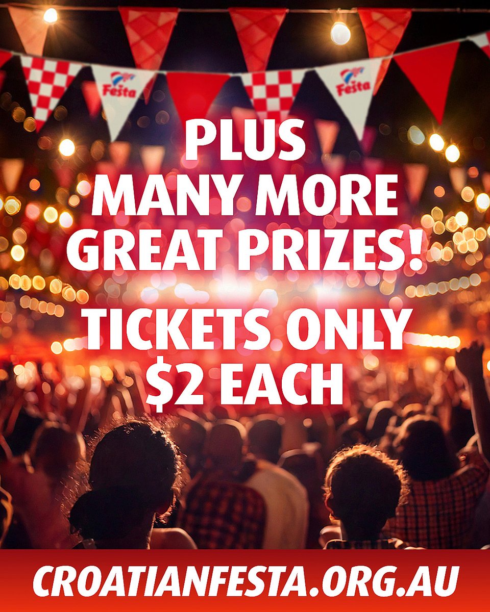 📣 The Fešta LOTTERY is LIVE!!! 🙌 Featuring a fantastic 1st Prize worth $3600! Generously donated by our friends at Exact Contracting, <a href="/ilirijahotels/">IlirijaResort</a> Resort - Hotels &amp; Villas and <a href="/ittglynde/">italktravel Glynde</a>. + many more great prizes to be won. Buy your tickets ONLINE now!
croatianfesta.org.au/lottery-prizes