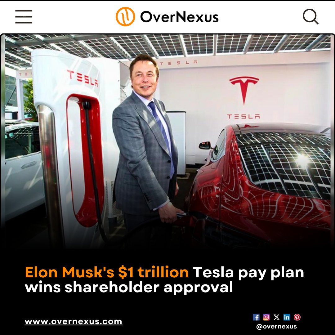 overnexusbiz's tweet image. Tesla&apos;s shareholders approved Elon Musk&apos;s historic pay package with over 75% support, valuing it potentially at $1 trillion over the next decade, though the net value could drop to $878 billion.

#OverNexus #ElonMusk #TeslaPayPlan #ShareholderApproval #TrillionDollarDeal