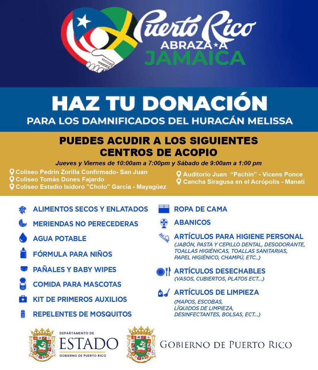 Ayuda a los damnificados del huracán Melissa en Jamaica. 🇯🇲 Llega hoy hasta cualquiera de estos centros y haz tu aportación. 

⏰ Abrimos a las 10:00 de la mañana y tienes hasta las 7:00 de la noche.