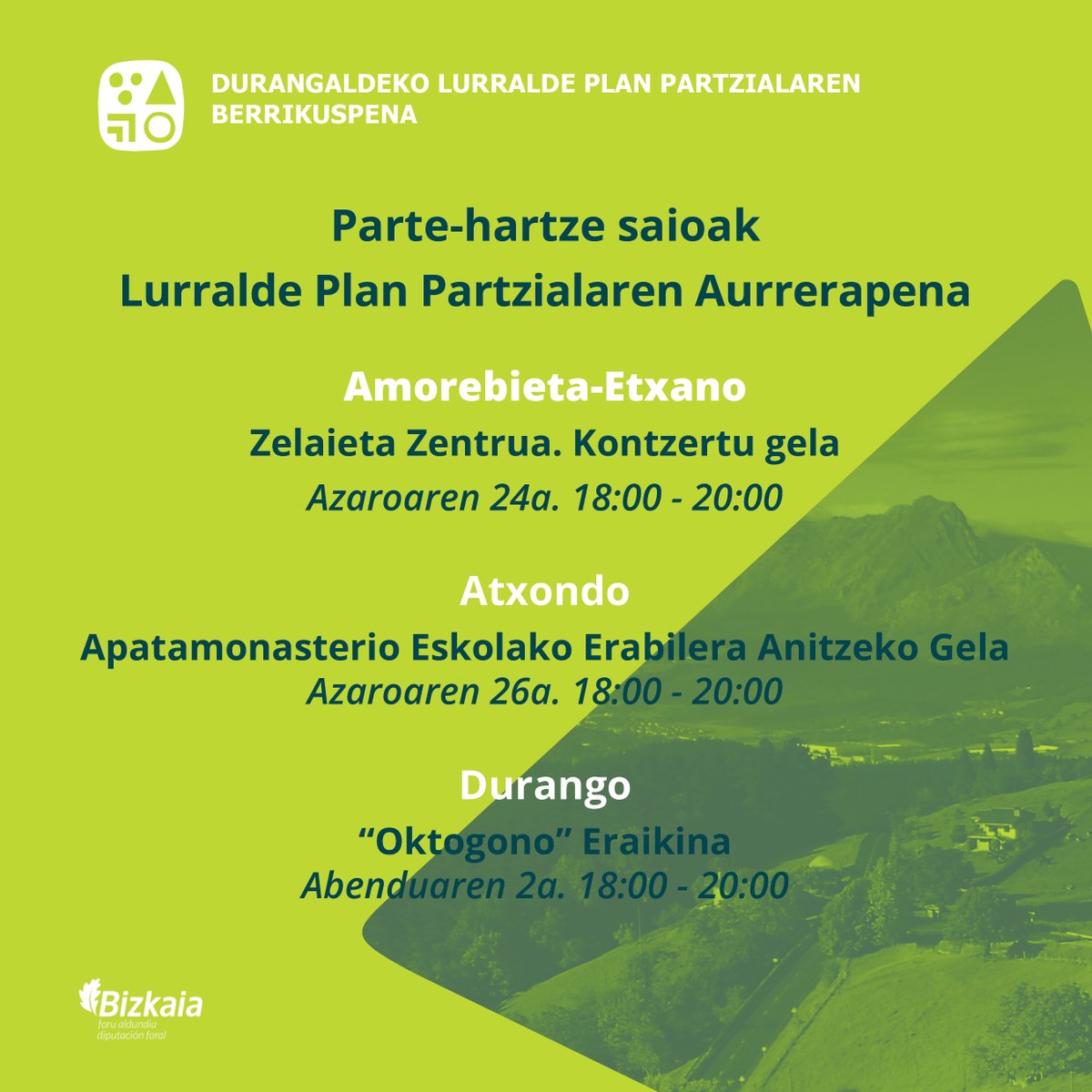 Durangaldeko Lurralde Plan Partzialaren (LPP) berrikuspena guztion artean egin nahi dugu. Horretarako, hiru lan saio antolatu dira, herritar eta lurraldeko eragileentzat. PARTE-HARTU!