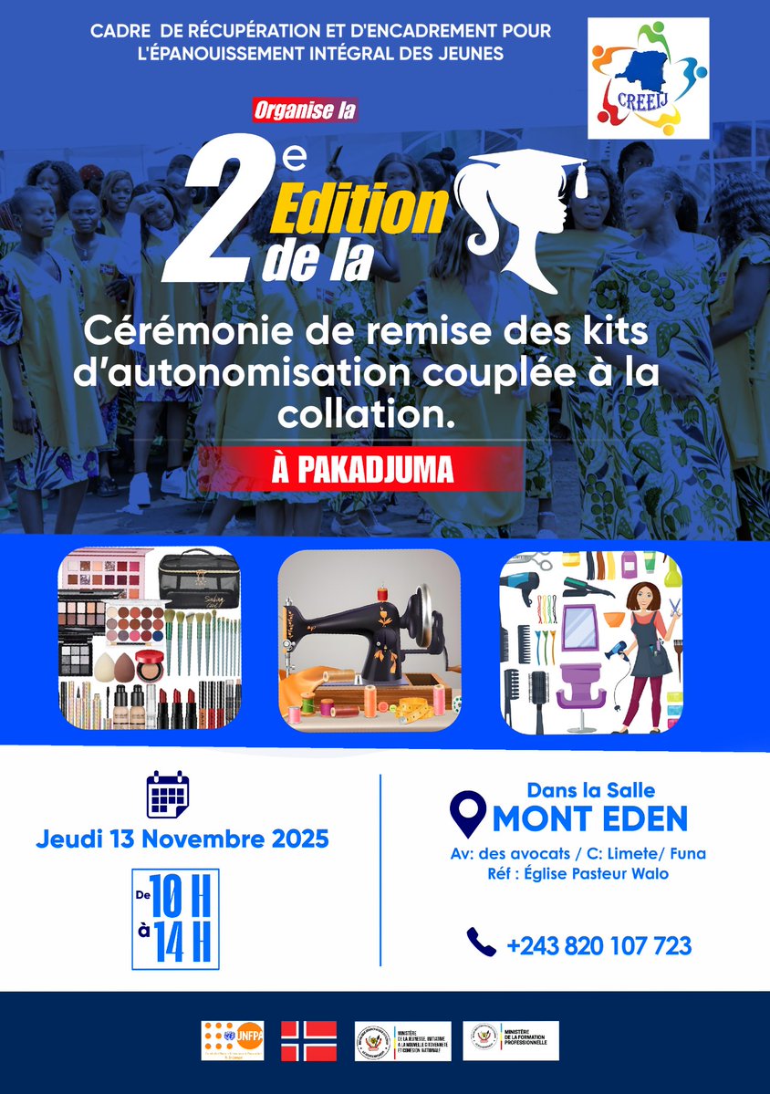 Grace à  l'appui de <a href="/UNFPARDC/">UNFPA-RDC</a> et l'ambassade de <a href="/NorwayInDRC/">Norvège en RD Congo 🇳🇴🇨🇩</a> Creeij asbl à travers son centre d’autonomisation de pakajuma organise la remise des kits d'autonomisation aux bénéficiaires des formations en métiers.<a href="/lokushe/">Issa lokushe</a> <a href="/alainakpadji/">alain akpadji</a> <a href="/KalonjiAuguy3/">Honorable Maitre kalonji Kalonji Auguy</a> <a href="/PZamuda/">Pascaline Zamuda</a> <a href="/AliWanogo/">Wanogo Dotian Ali</a>