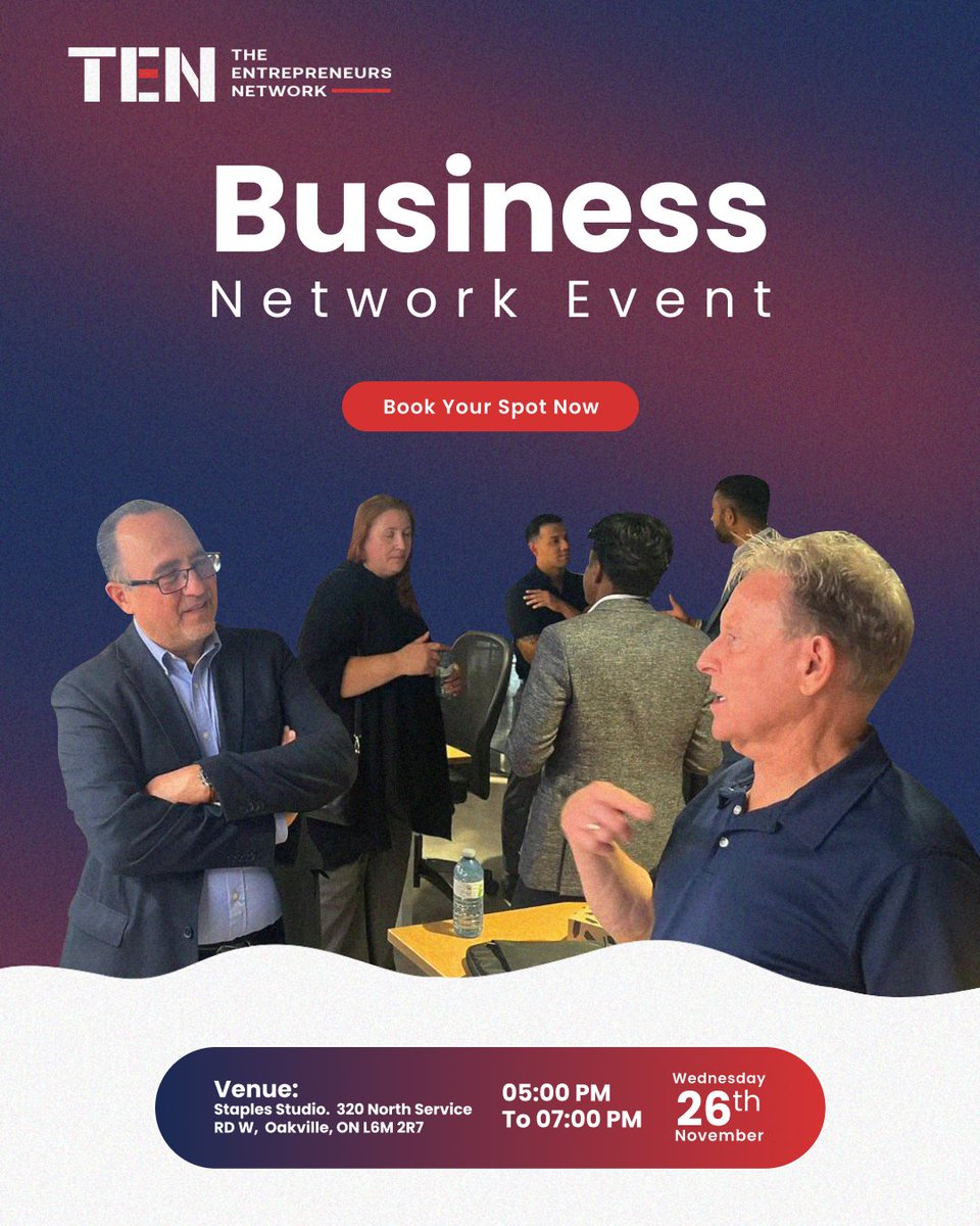 Your next big breakthrough could start with one conversation! 💬
Connect, collaborate &amp; grow with entrepreneurs at TEN’s Business Networking Event.

📅 Nov 26 | 🕔 5–7 PM | 📍Oakville

Register 👉 eventbrite.com/e/business-net…

#Networking #BusinessGrowth #EntrepreneursNetwork